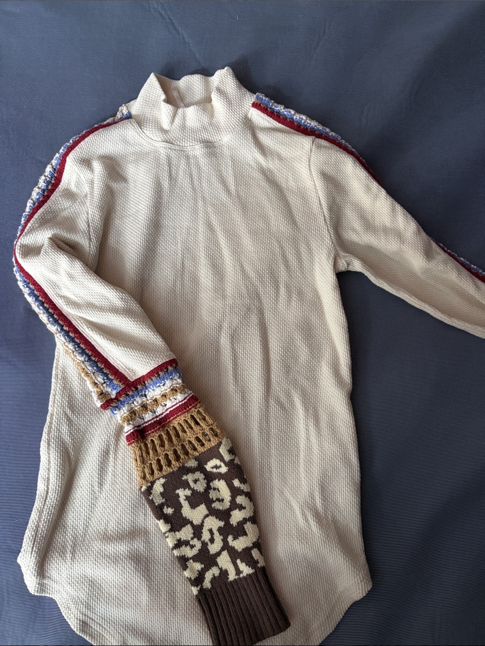 Free People Cream Mock Neck Women’s Sweater with Patterned Sleeve Detail